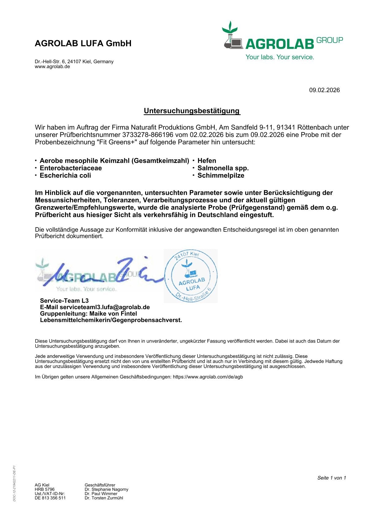 Laborzertifikat: Mikrobiologische Analyse und Schwermetallprüfung der Charge 05726