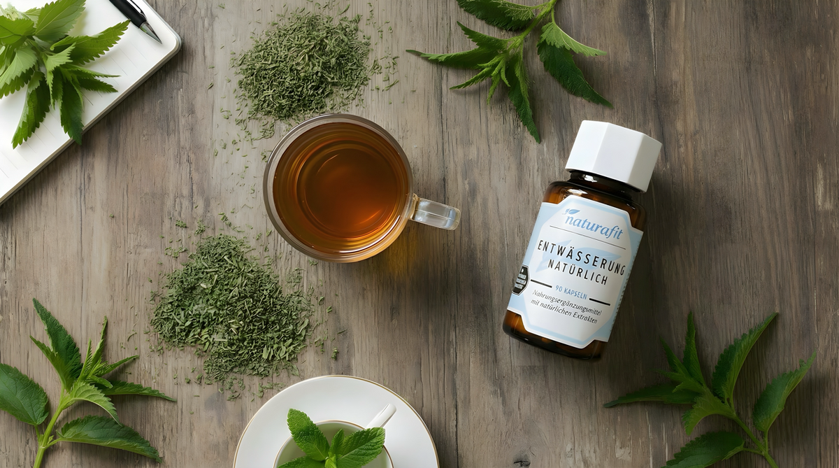 Flatlay Brennesseltee, Pflanze und Kapseln zur Entwässerung