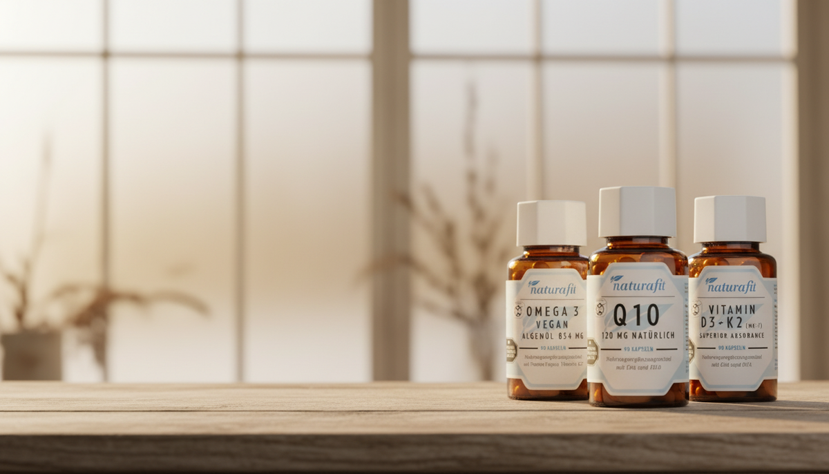 naturafit Longevity-Mikronährstoffe im braunen Apothekerglas – Vitamin D3+K2, Omega 3 Vegan und Q10 120 mg natürlich