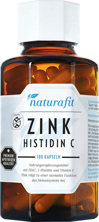 Naturafit Zink Histidin C 180 Kapseln ist ein Nahrungsergänzungsmittel mit Zink, L-Histidin und Vitamin C. Zink trägt zu einer normalen Funktion des Immunsystems bei.