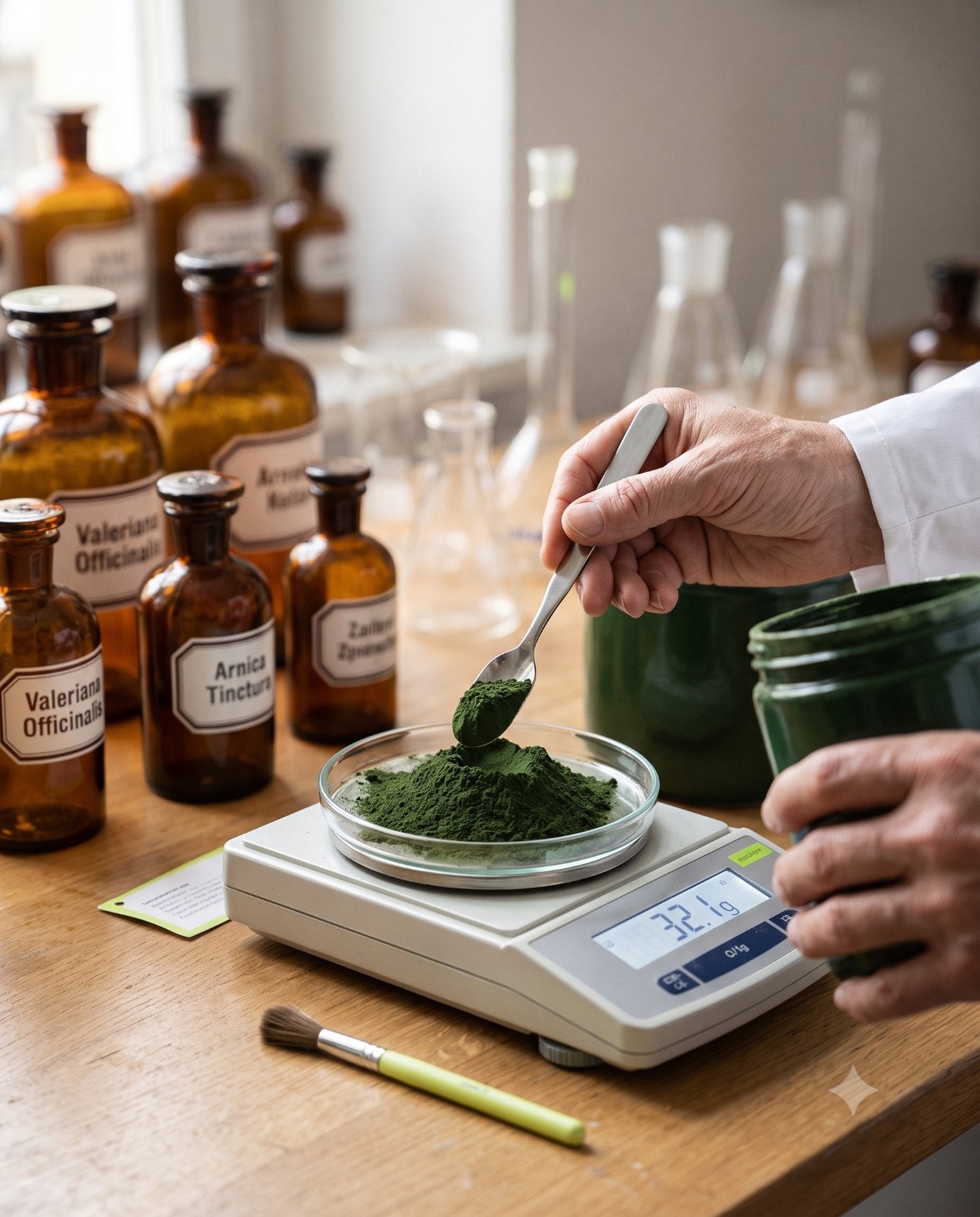 Einwaage von Pulver auf einer Laborwaage, daneben Apothekerflaschen